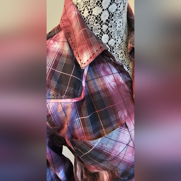 Affliction Button Down Shirt Womens Large Red Wine Black Long Sleeves - Picture 7 of 13